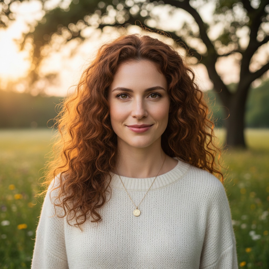 Portret van een jonge vrouw met lang rood krullend haar in een wit vest die glimlacht in een park tijdens de zonsondergang.