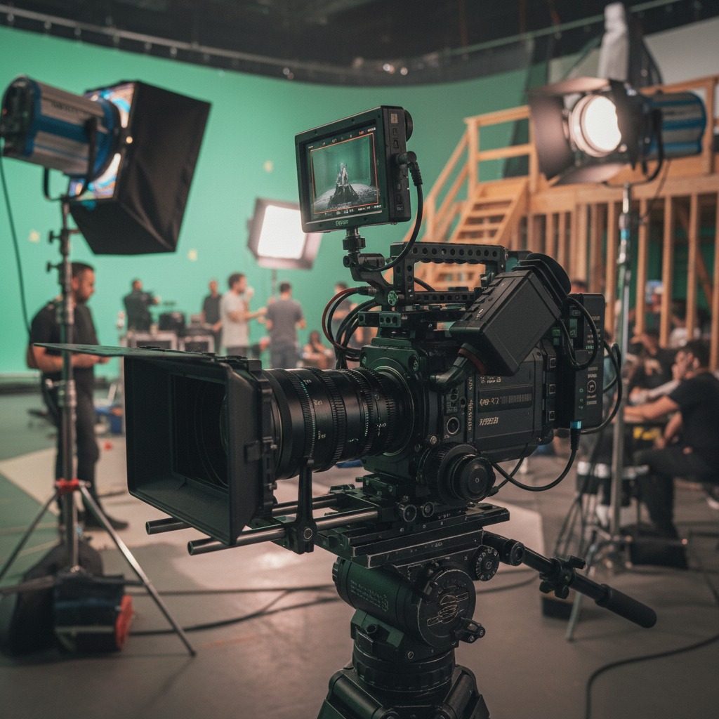 Een professionele videocamera op een statief staat in een studio met een groenscherm en filmverlichting.